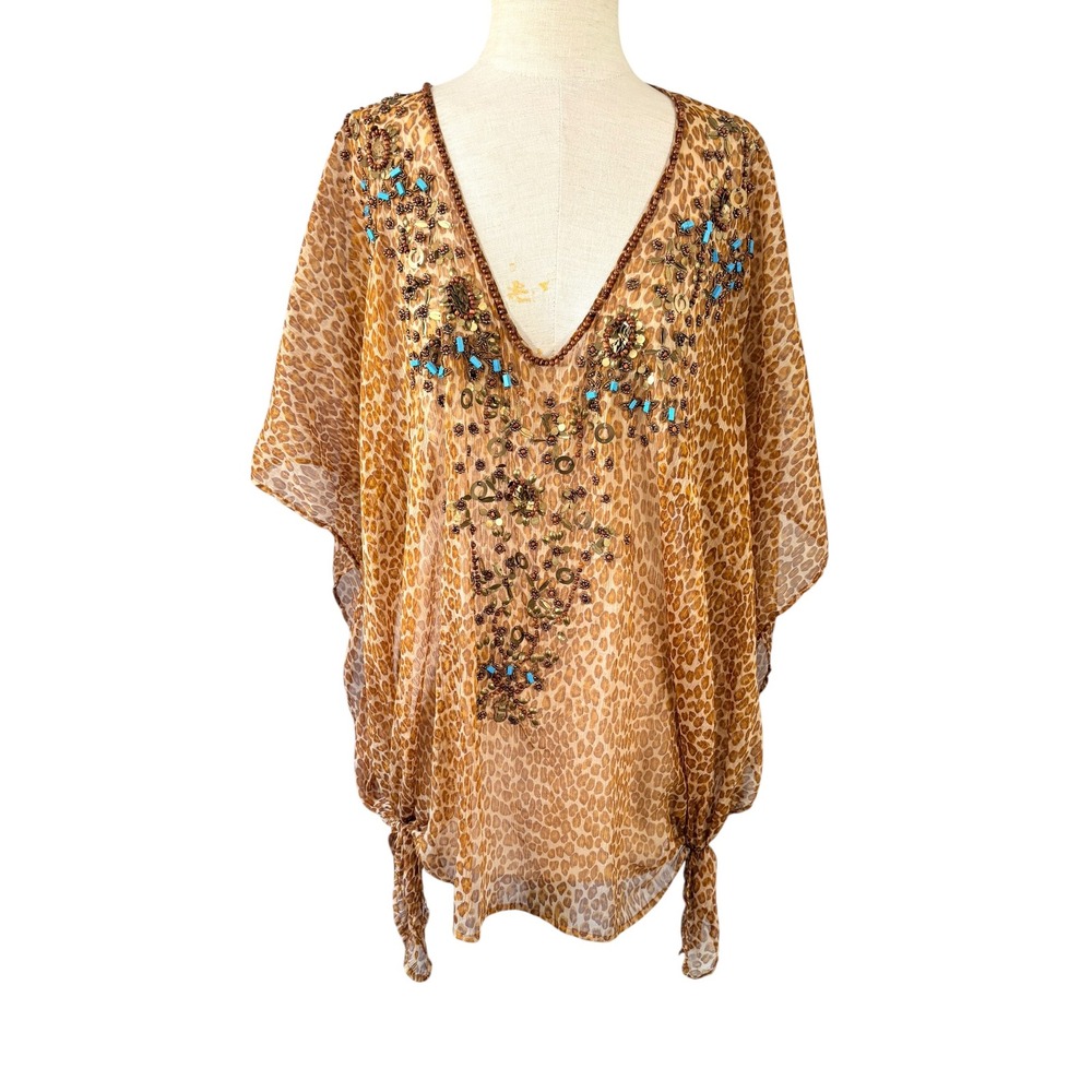Vintage Y2K Sheer Leopard Print Tunic Beaded Turquoise Festival Top Boho OS